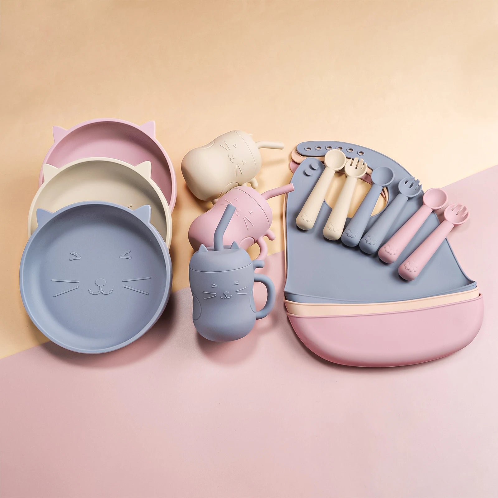 5pcs Baby Feeding Set Silicone Feeding Set Shallow Tray Baby Silicone Tableware With Suction Baby Sippy Cup Soft Spoon Fork Bib
