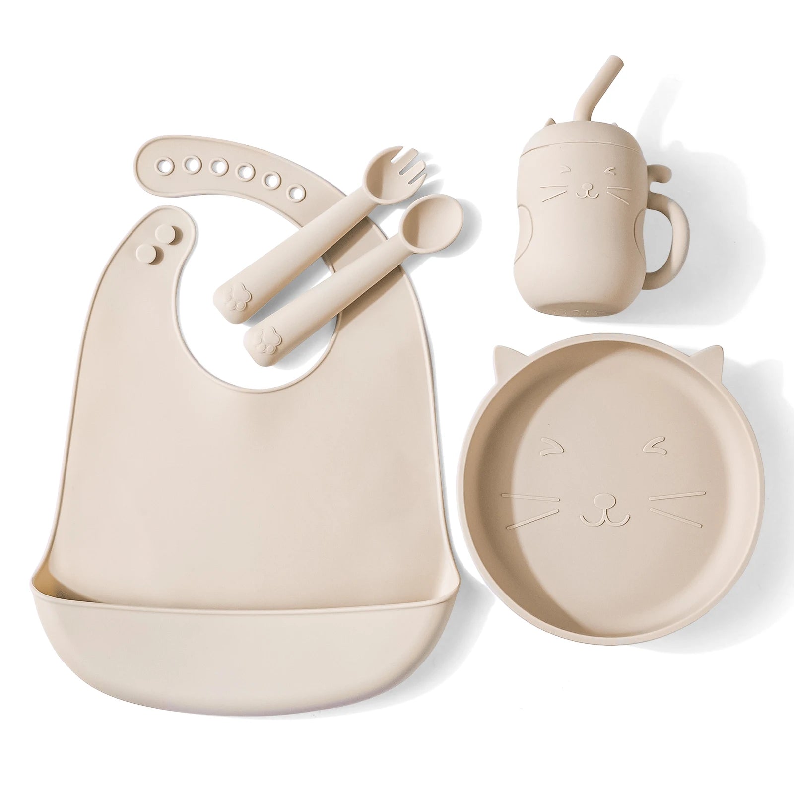 5pcs Baby Feeding Set Silicone Feeding Set Shallow Tray Baby Silicone Tableware With Suction Baby Sippy Cup Soft Spoon Fork Bib