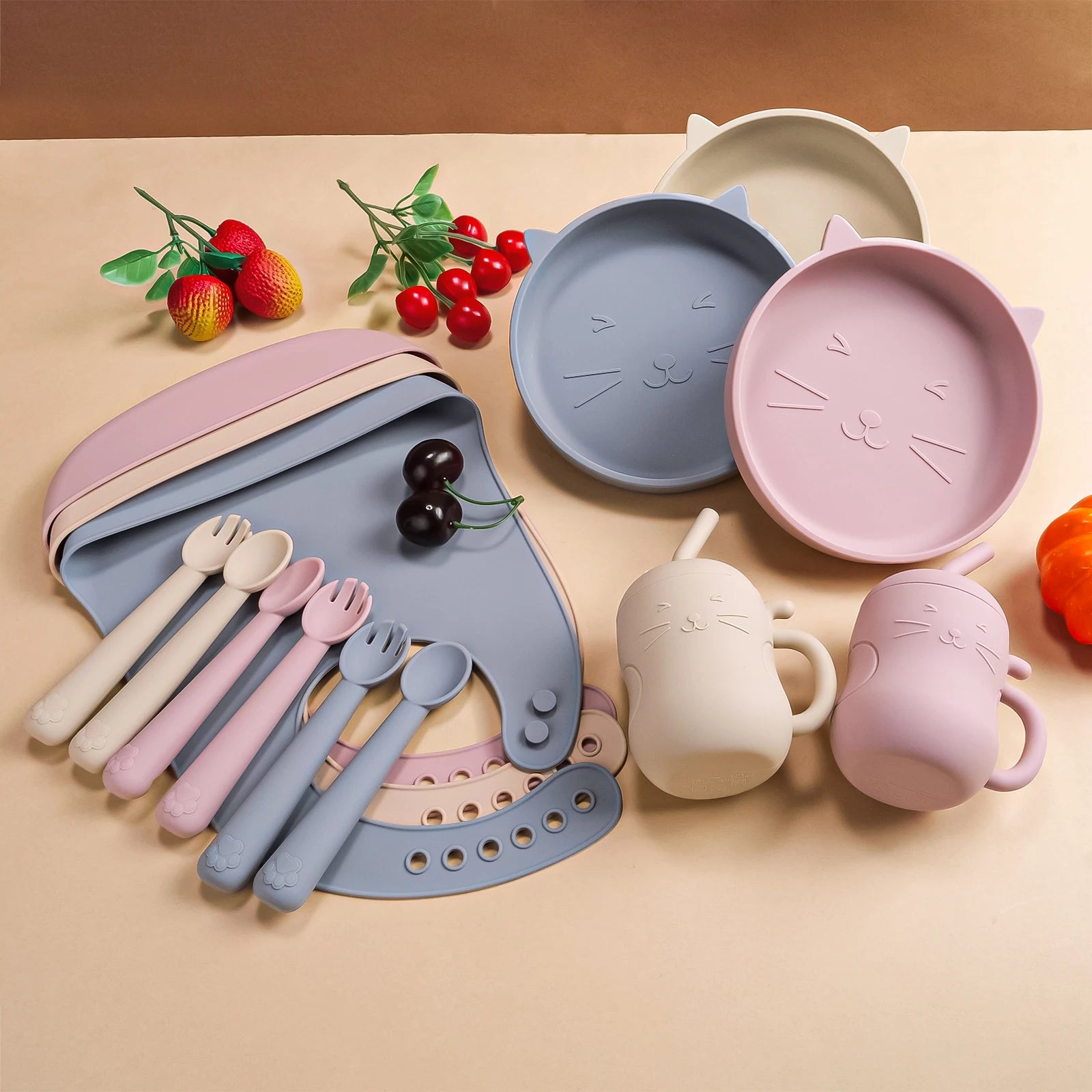 5pcs Baby Feeding Set Silicone Feeding Set Shallow Tray Baby Silicone Tableware With Suction Baby Sippy Cup Soft Spoon Fork Bib