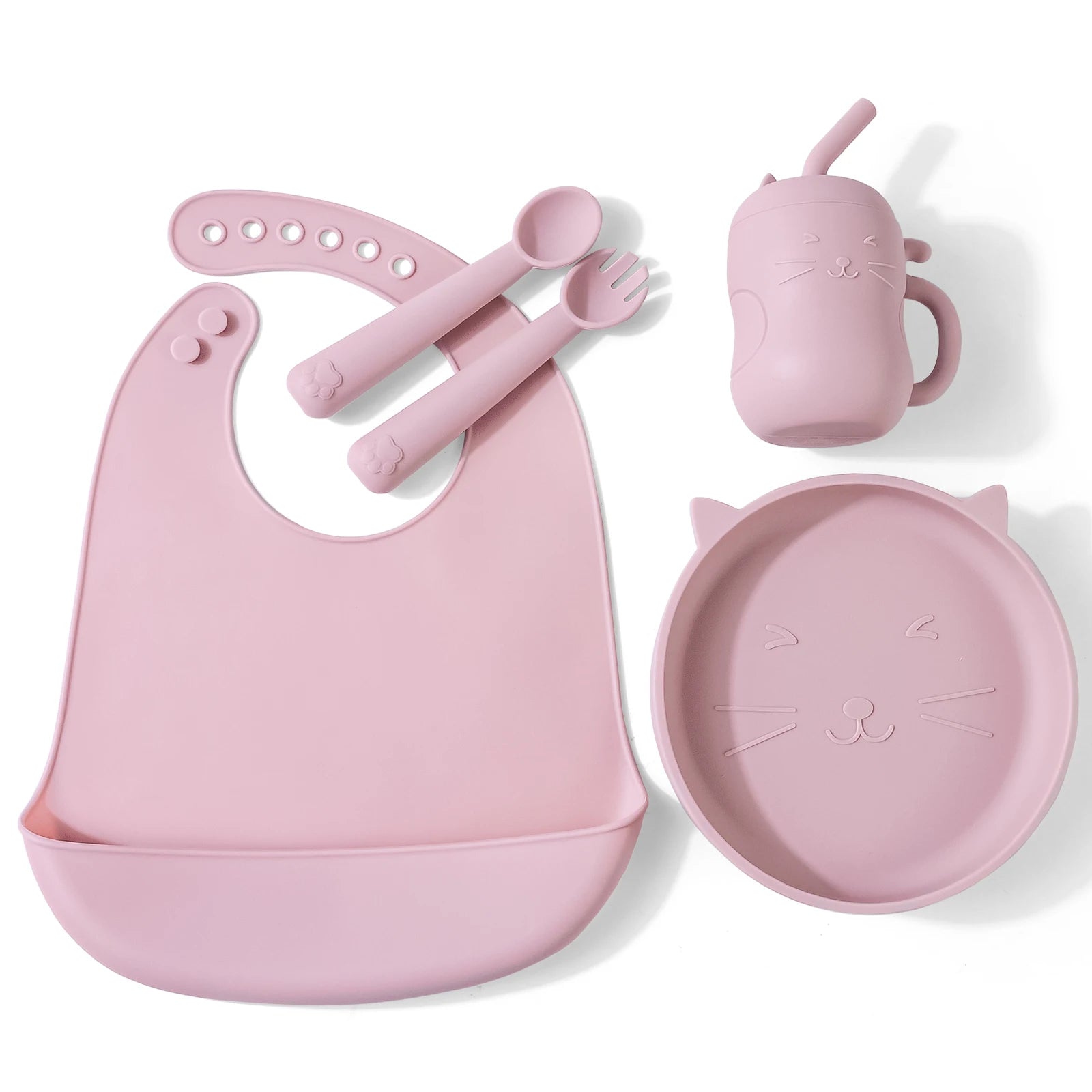 5pcs Baby Feeding Set Silicone Feeding Set Shallow Tray Baby Silicone Tableware With Suction Baby Sippy Cup Soft Spoon Fork Bib
