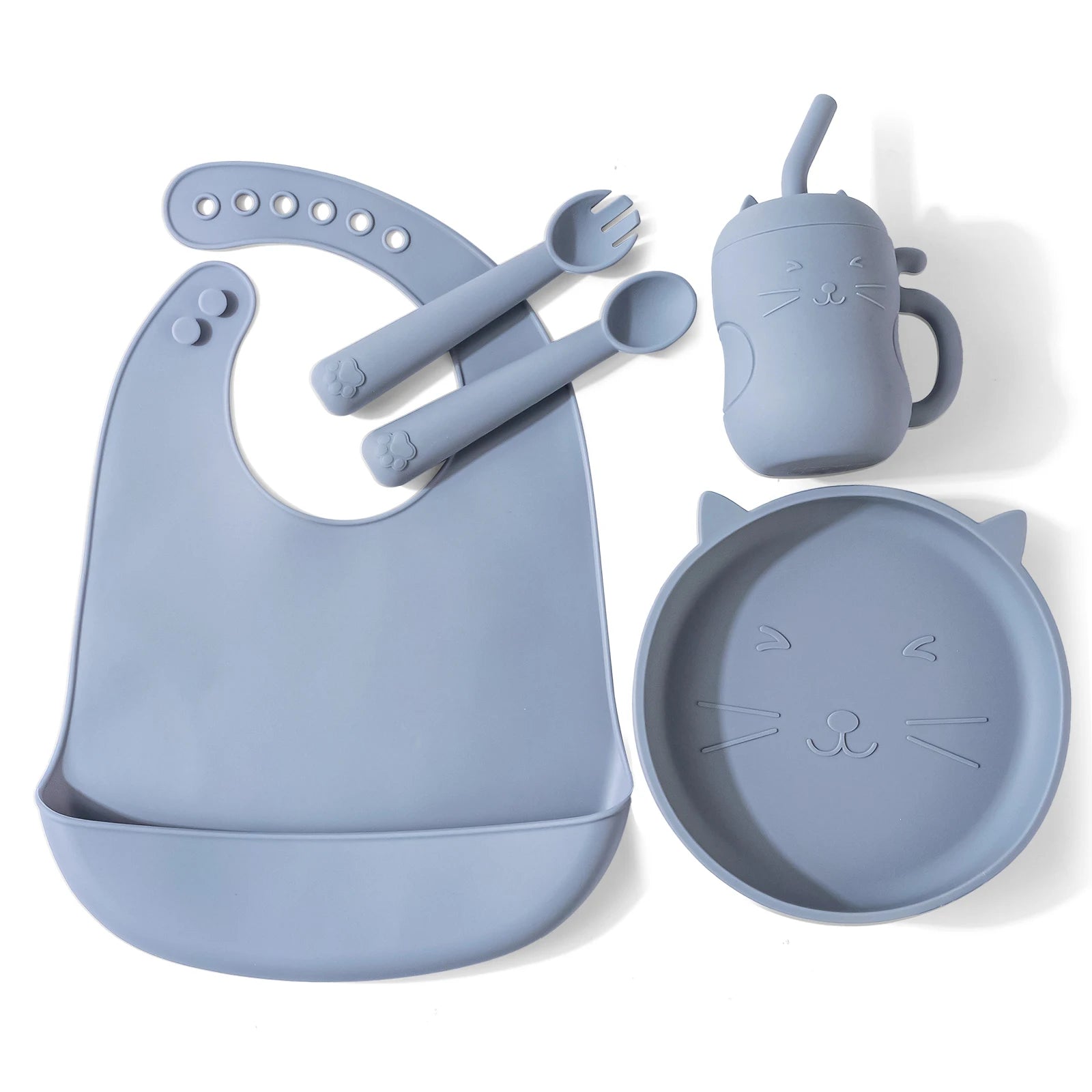 5pcs Baby Feeding Set Silicone Feeding Set Shallow Tray Baby Silicone Tableware With Suction Baby Sippy Cup Soft Spoon Fork Bib