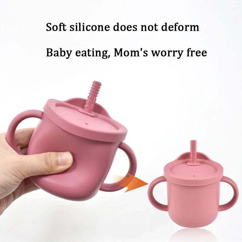 6pcs BPA Free Silicone Feeding Set Sucker Bowl Dishes Plate Straw Cup Spoon Forks Baby Bib For Children'S Tableware Easy Clean
