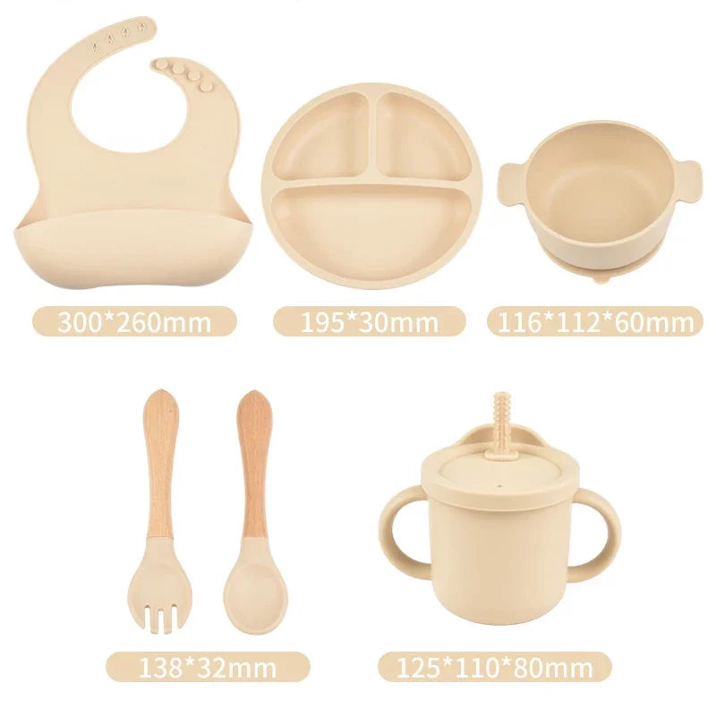 6pcs BPA Free Silicone Feeding Set Sucker Bowl Dishes Plate Straw Cup Spoon Forks Baby Bib For Children'S Tableware Easy Clean