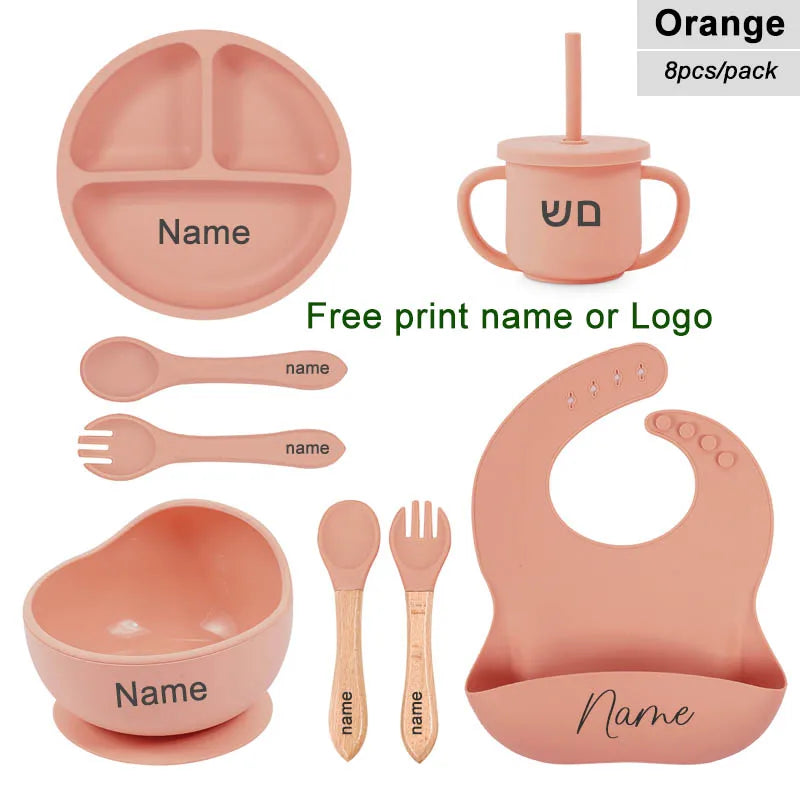 8Pcs Baby Silicone Feeding Set Round Dining Plate Sucker Bowl Dishes For Kids Personalized Name Children's Tableware Straw Cup