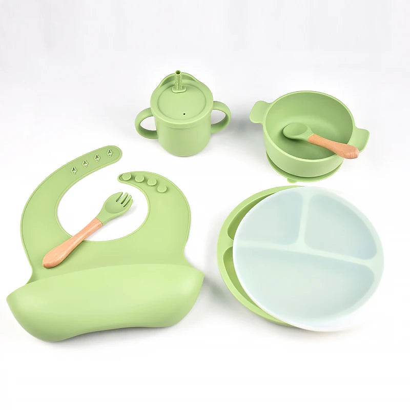 6pcs BPA Free Silicone Feeding Set Sucker Bowl Dishes Plate Straw Cup Spoon Forks Baby Bib For Children'S Tableware Easy Clean