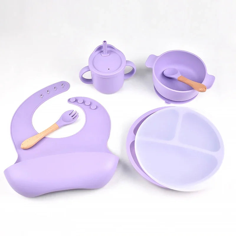 6pcs BPA Free Silicone Feeding Set Sucker Bowl Dishes Plate Straw Cup Spoon Forks Baby Bib For Children'S Tableware Easy Clean