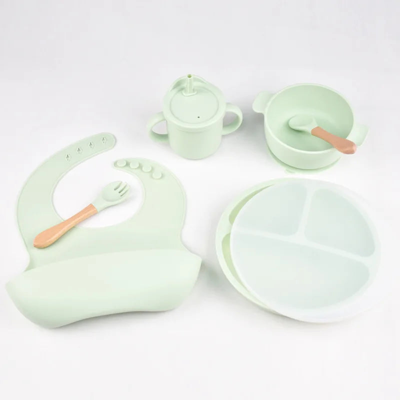 6pcs BPA Free Silicone Feeding Set Sucker Bowl Dishes Plate Straw Cup Spoon Forks Baby Bib For Children'S Tableware Easy Clean