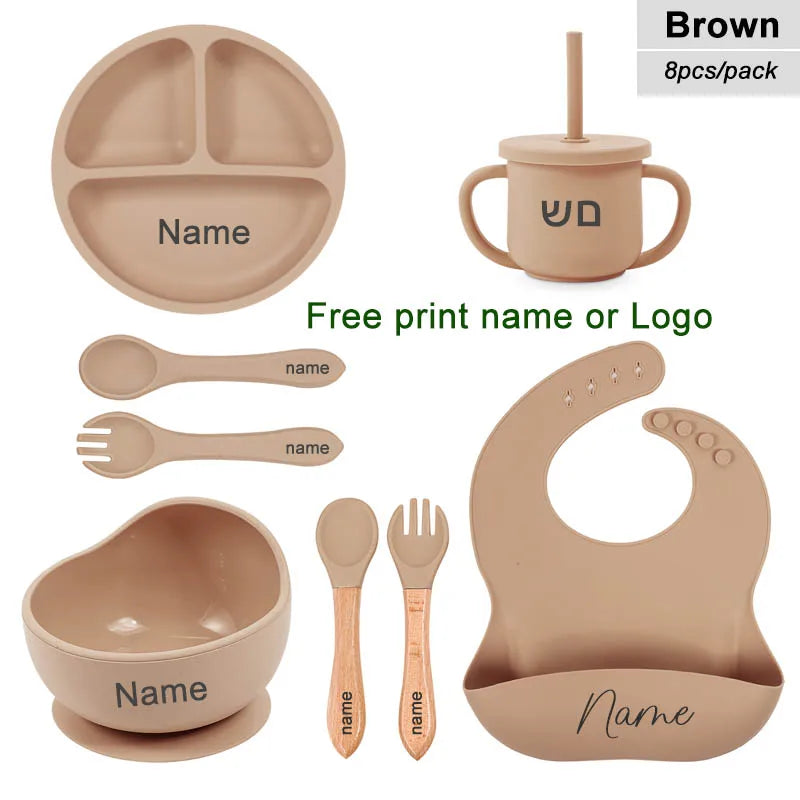 8Pcs Baby Silicone Feeding Set Round Dining Plate Sucker Bowl Dishes For Kids Personalized Name Children's Tableware Straw Cup