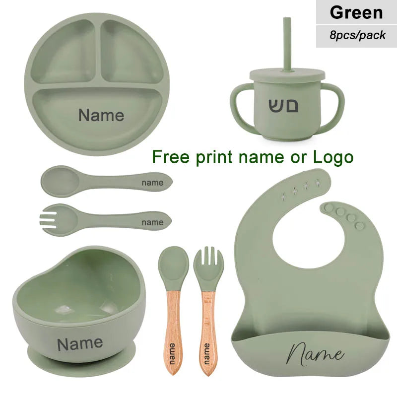 8Pcs Baby Silicone Feeding Set Round Dining Plate Sucker Bowl Dishes For Kids Personalized Name Children's Tableware Straw Cup