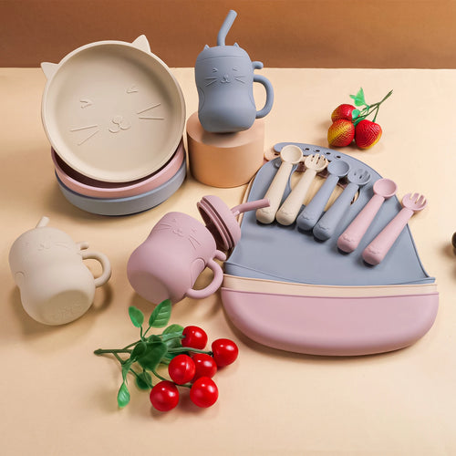 5pcs Baby Feeding Set Silicone Feeding Set Shallow Tray Baby Silicone Tableware With Suction Baby Sippy Cup Soft Spoon Fork Bib