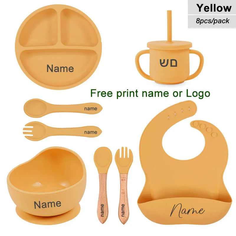 8Pcs Baby Silicone Feeding Set Round Dining Plate Sucker Bowl Dishes For Kids Personalized Name Children's Tableware Straw Cup
