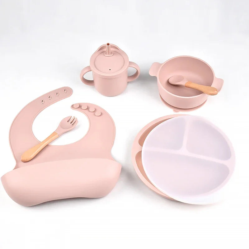 6pcs BPA Free Silicone Feeding Set Sucker Bowl Dishes Plate Straw Cup Spoon Forks Baby Bib For Children'S Tableware Easy Clean