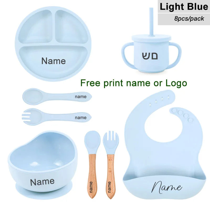 8Pcs Baby Silicone Feeding Set Round Dining Plate Sucker Bowl Dishes For Kids Personalized Name Children's Tableware Straw Cup