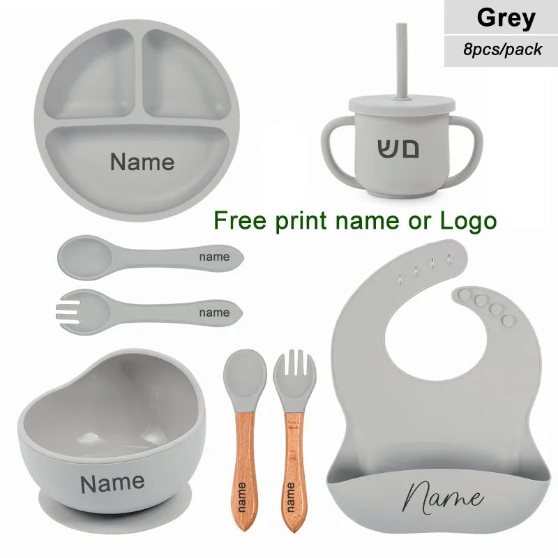 8Pcs Baby Silicone Feeding Set Round Dining Plate Sucker Bowl Dishes For Kids Personalized Name Children's Tableware Straw Cup