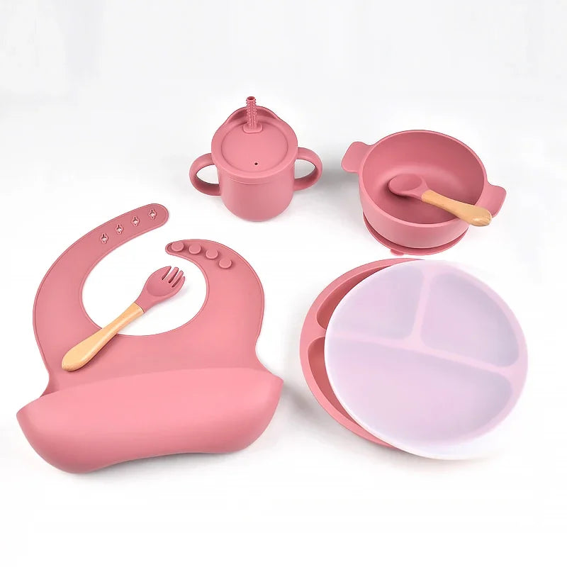 6pcs BPA Free Silicone Feeding Set Sucker Bowl Dishes Plate Straw Cup Spoon Forks Baby Bib For Children'S Tableware Easy Clean