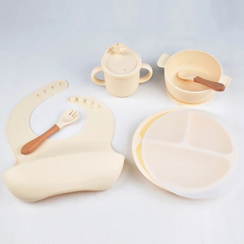 6pcs BPA Free Silicone Feeding Set Sucker Bowl Dishes Plate Straw Cup Spoon Forks Baby Bib For Children'S Tableware Easy Clean