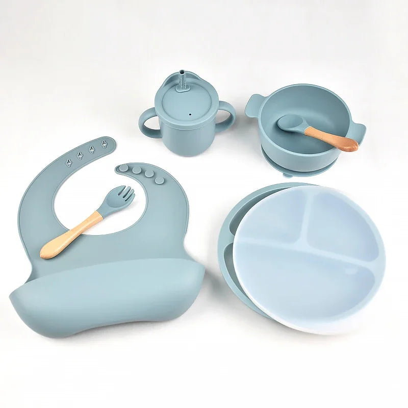 6pcs BPA Free Silicone Feeding Set Sucker Bowl Dishes Plate Straw Cup Spoon Forks Baby Bib For Children'S Tableware Easy Clean
